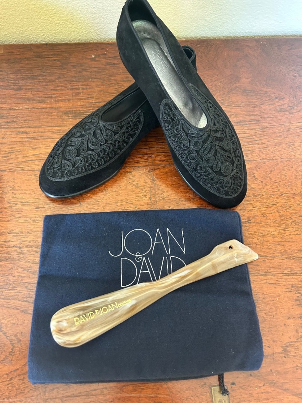 Joan & David "Morocco" Black Suede Embroidered Flats — Size 8 — Made in Italy —